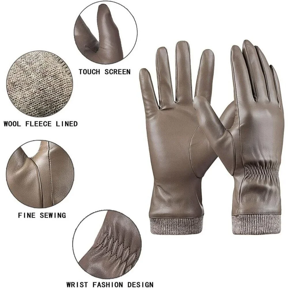 Women's Khaki Winter Leather Gloves Wool Fleece Lined Thermal Touchscreen